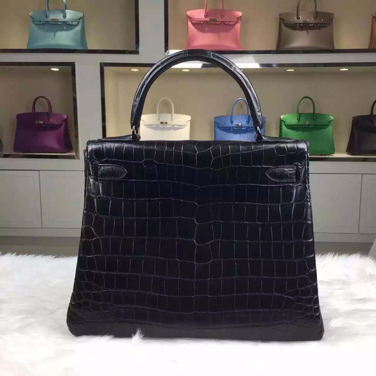 Wholesale Hermes Black Crocodile Leather Kelly Bag 28CM with Black Buckle