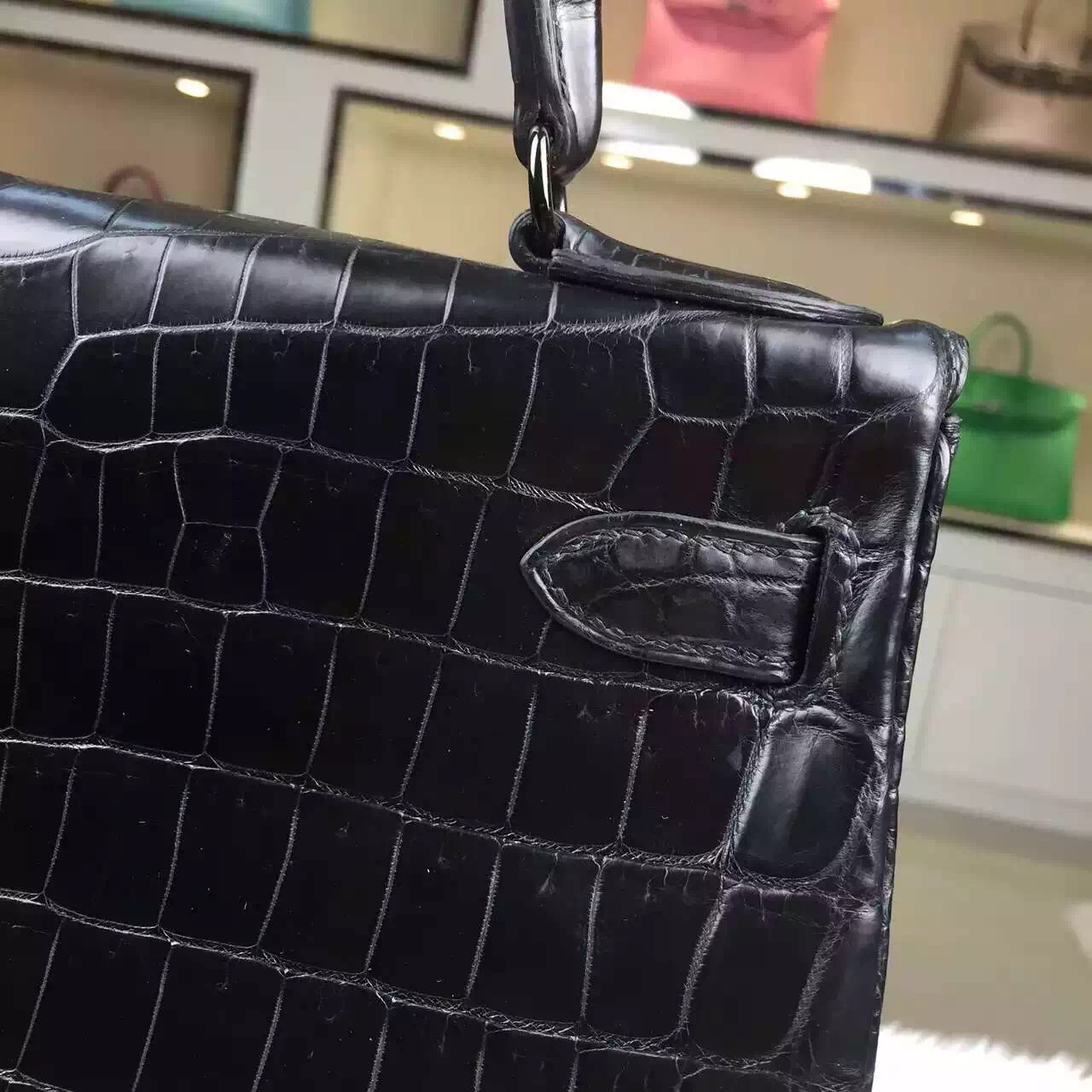 Wholesale Hermes Black Crocodile Leather Kelly Bag 28CM with Black Buckle