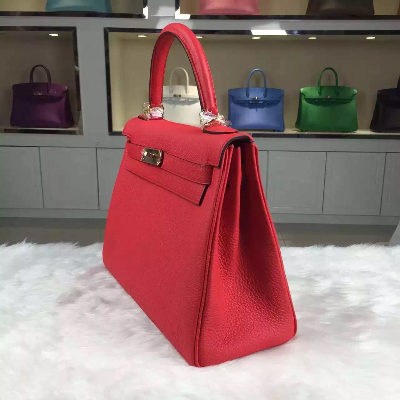 Vip Customized Hermes Togo Leather Kelly 28CM in Peony Red Gold Hardware