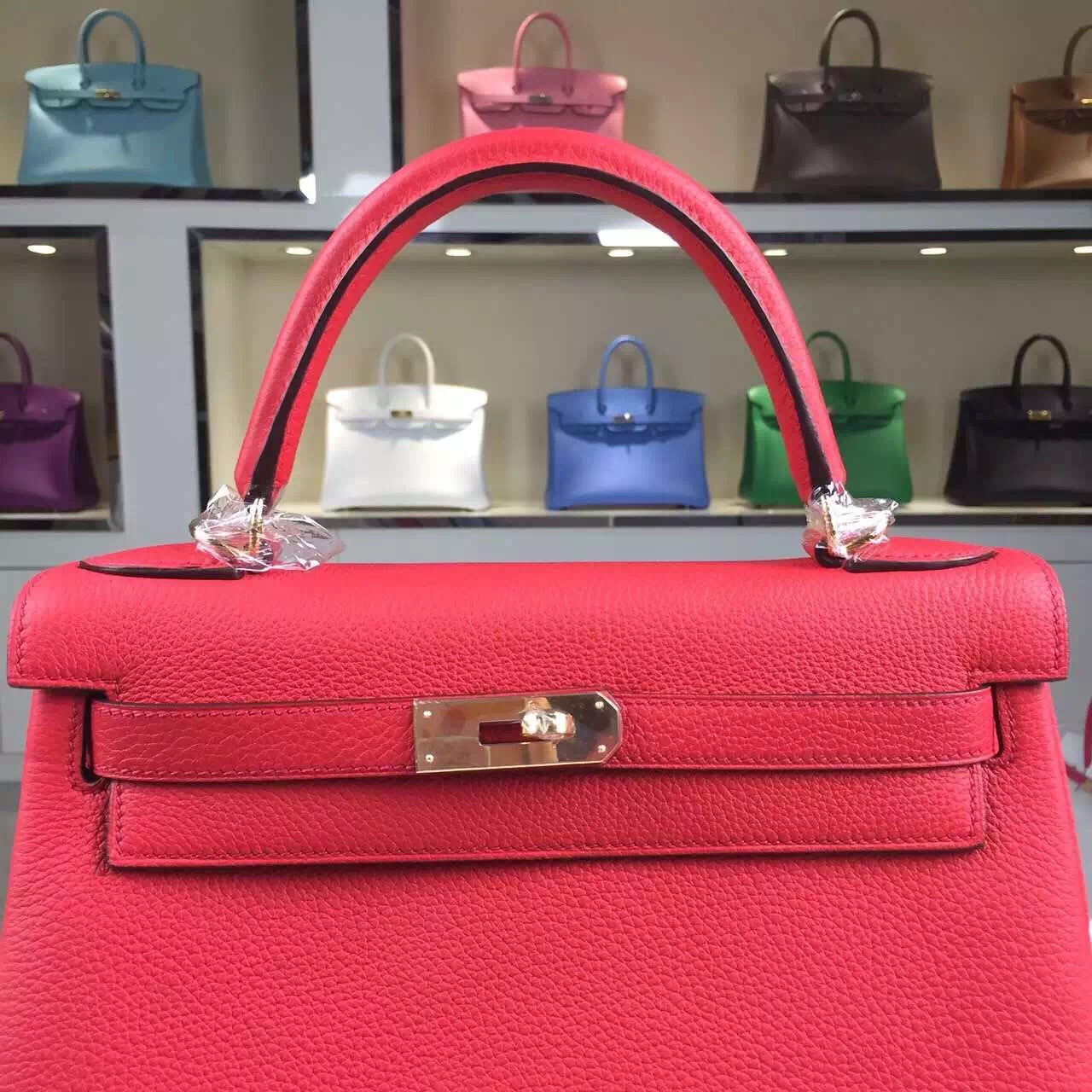 Vip Customized Hermes Togo Leather Kelly 28CM in Peony Red Gold Hardware