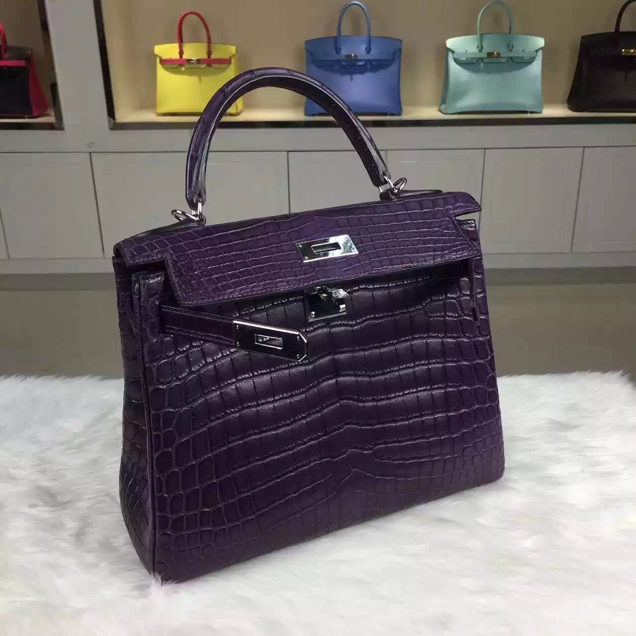 Vip Customized Hermes Kelly Bag 28CM Crystal Violet Crocodile Leather Top Handles