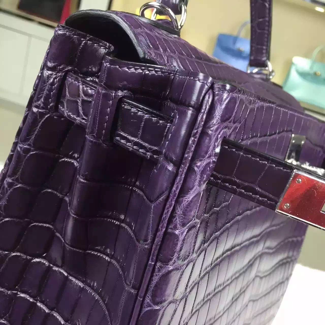 Vip Customized Hermes Kelly Bag 28CM Crystal Violet Crocodile Leather Top Handles