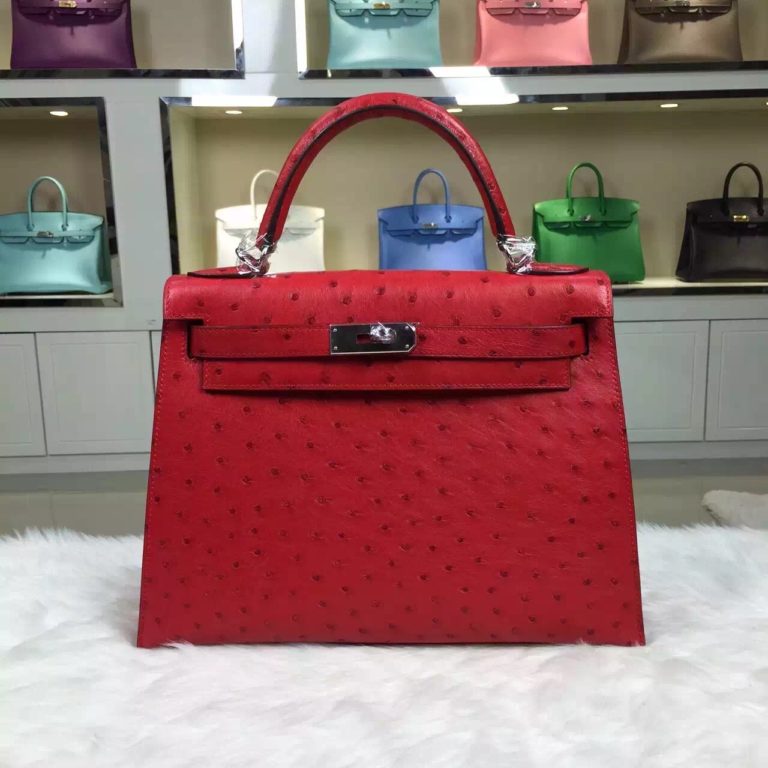 Hand Stitching Hermes Kelly Bag 28CM Red Ostrich Leather Silver Hardware