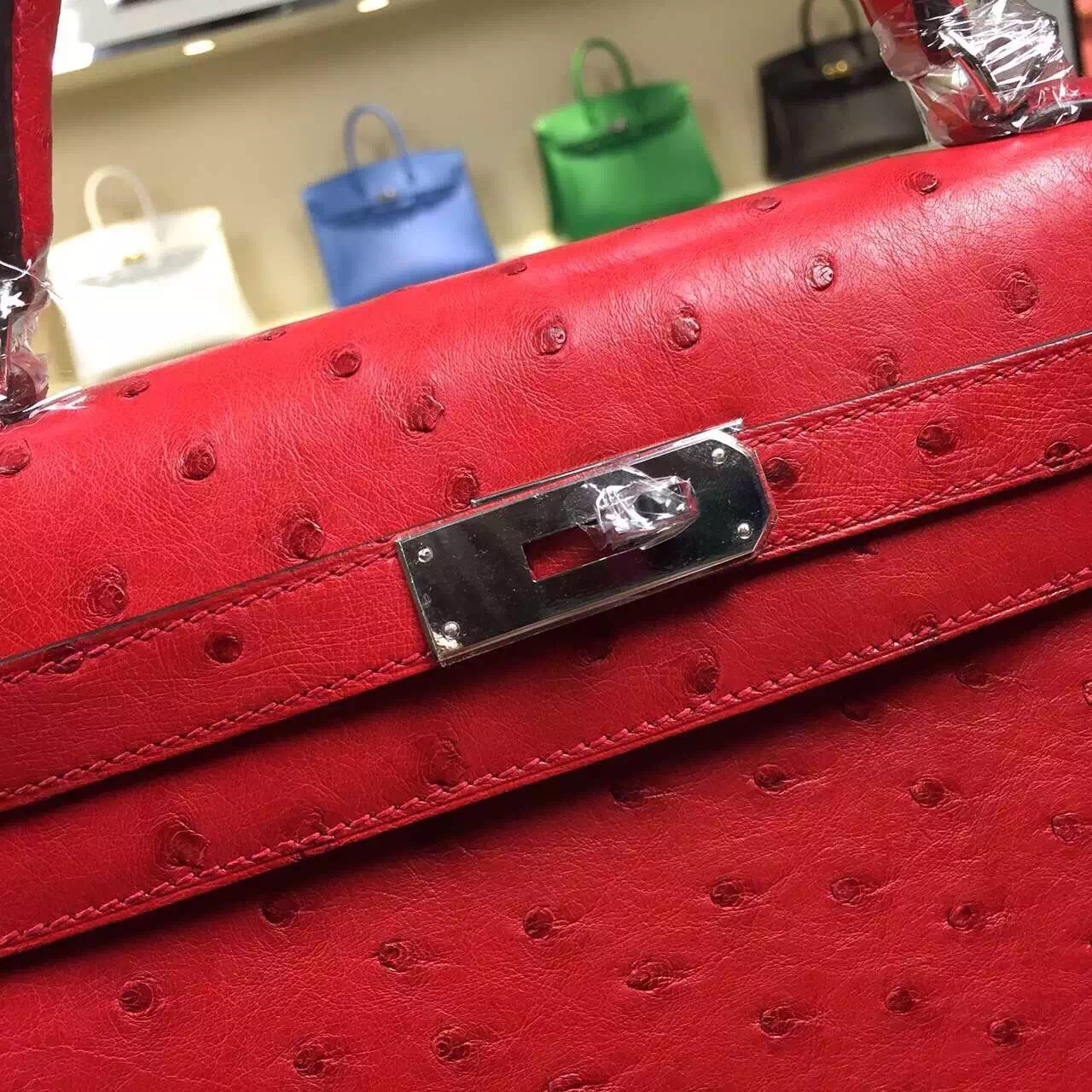 Hand Stitching Hermes Kelly Bag28CM Red Ostrich Leather Silver Hardware