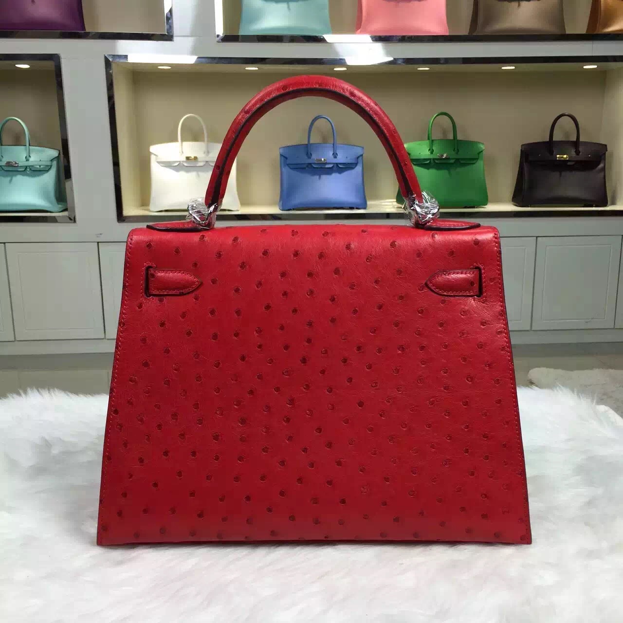 Hand Stitching Hermes Kelly Bag28CM Red Ostrich Leather Silver Hardware