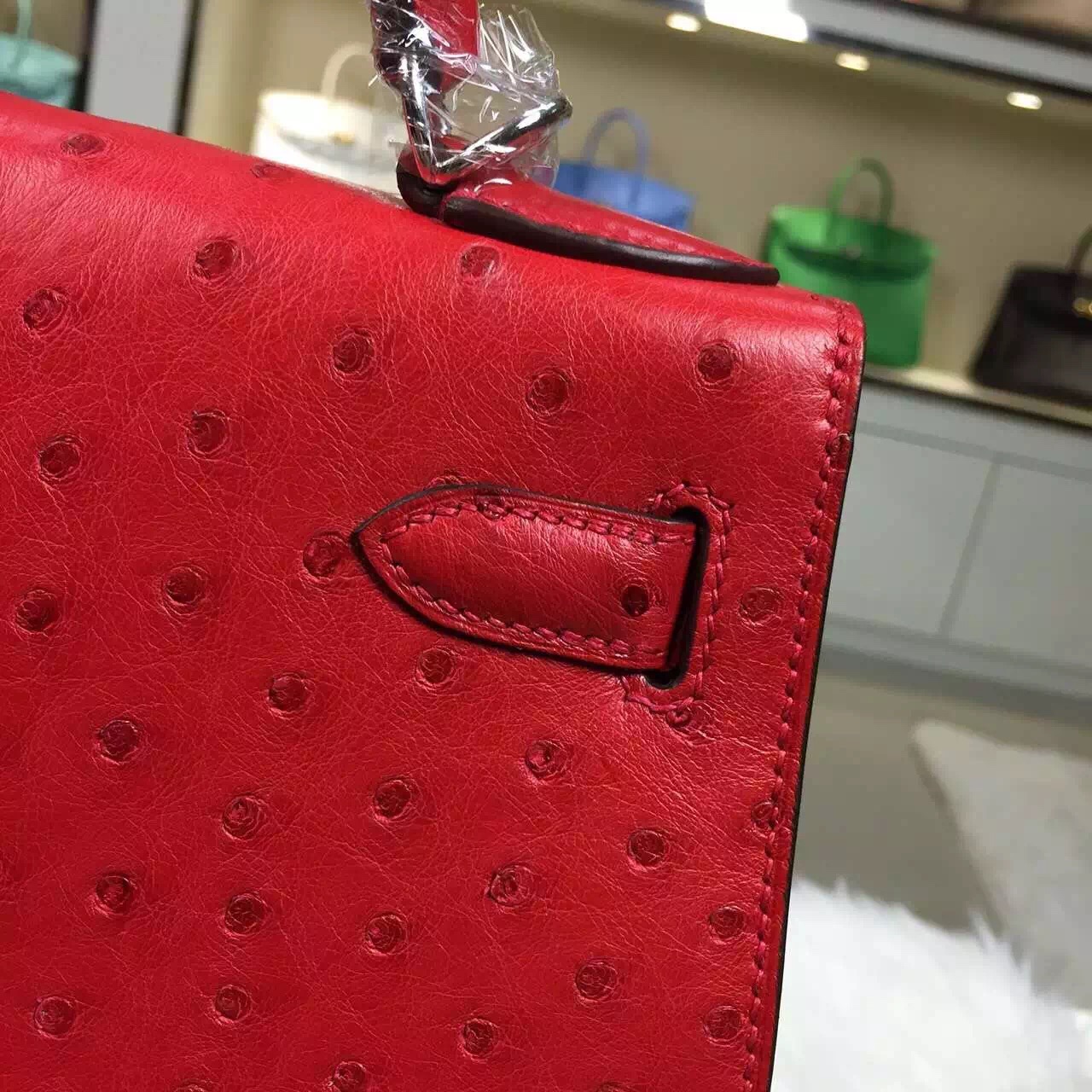 Hand Stitching Hermes Kelly Bag28CM Red Ostrich Leather Silver Hardware