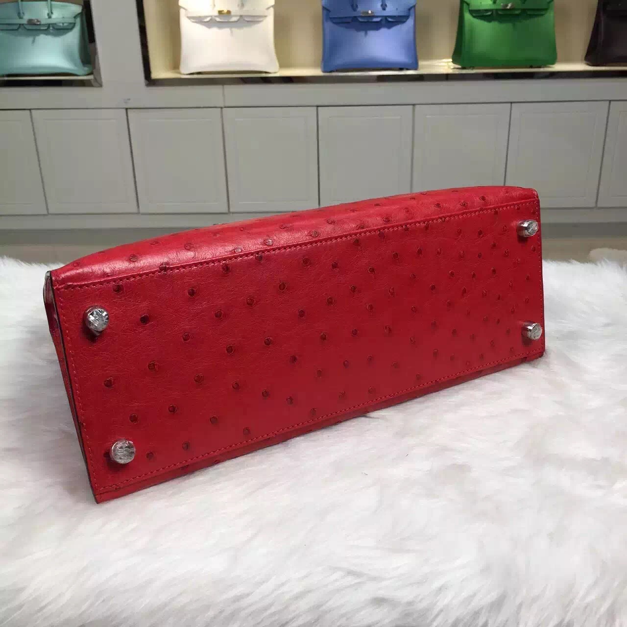 Hand Stitching Hermes Kelly Bag28CM Red Ostrich Leather Silver Hardware