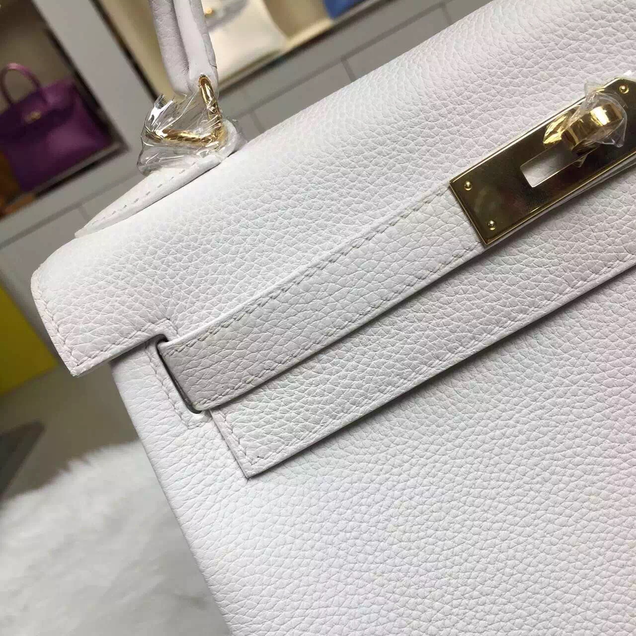 Luxury Women&#8217;s Handbag Hermes Pure White Original Togo Leather Kelly Bag28CM