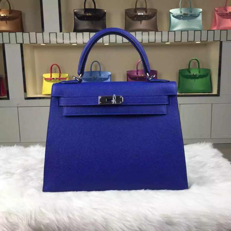 Hand Stitching Hermes 7T Blue Electric Epsom Calfskin Leather Kelly Bag 28CM