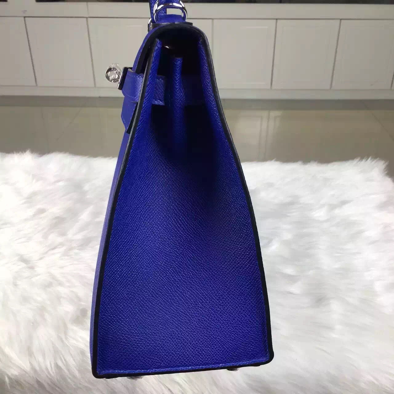 Hand Stitching Hermes 7T Blue Electric Epsom Calfskin Leather Kelly Bag28CM