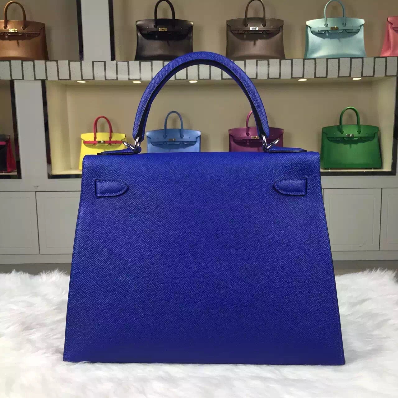 Hand Stitching Hermes 7T Blue Electric Epsom Calfskin Leather Kelly Bag28CM