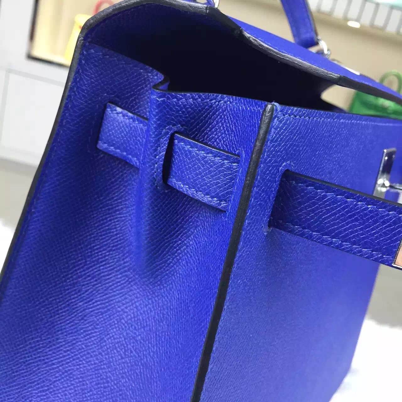 Hand Stitching Hermes 7T Blue Electric Epsom Calfskin Leather Kelly Bag28CM