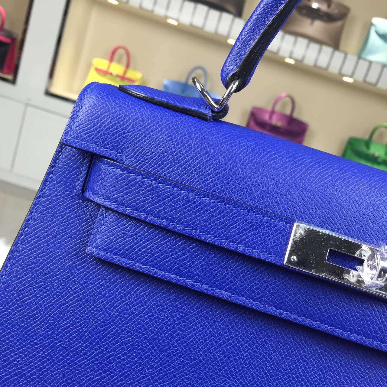 Hand Stitching Hermes 7T Blue Electric Epsom Calfskin Leather Kelly Bag28CM
