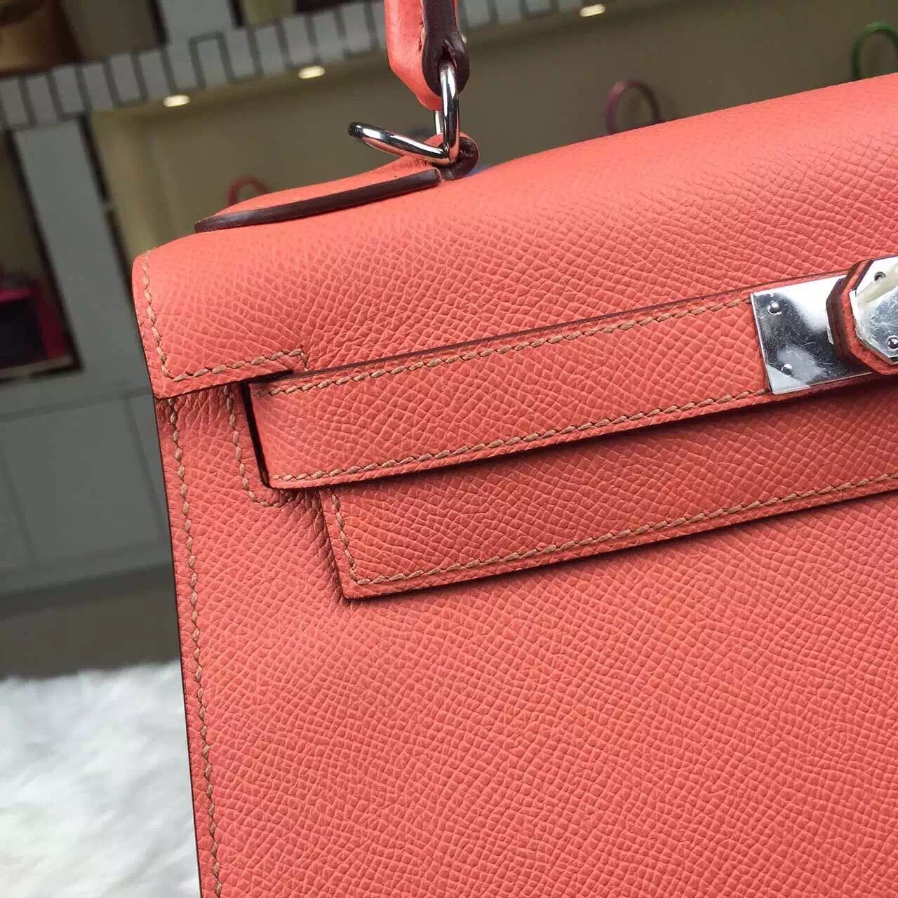 Luxury Women&#8217;s Handbag Hermes Kelly28CM i5 Flamingo France Epsom Leather Silver Hardware
