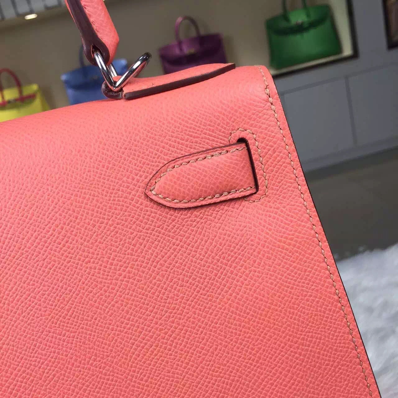 Luxury Women&#8217;s Handbag Hermes Kelly28CM i5 Flamingo France Epsom Leather Silver Hardware