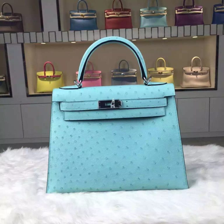 Hermes France Imported Ostrich Leather Kelly 28CM in Blue Atoll