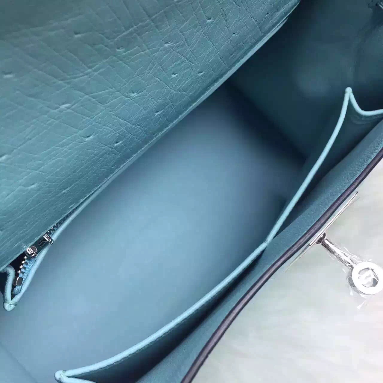 Wholesale Hermes France Imported Ostrich Leather Kelly28CM in Blue Atoll