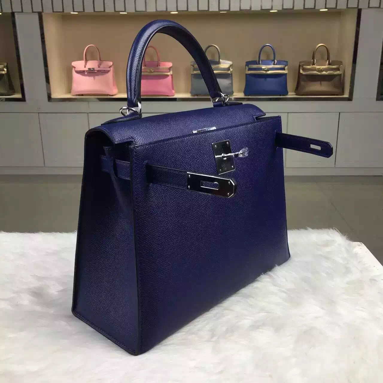 Hot Sale Hermes Epsom Calfskin Leather Kelly Bag28CM 7K Blue Saphir
