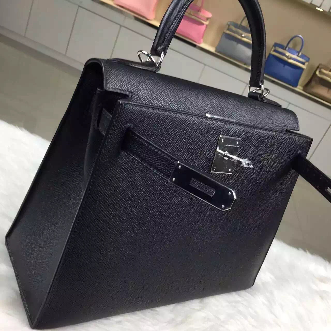 Wholesale Hermes Original Epsom Calfskin Leather Kelly Bag28CM in Black