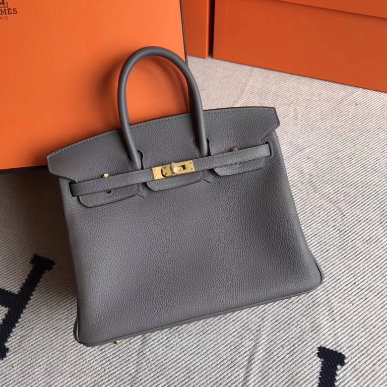 Hermes 8F Etain Grey Togo Leather Birkin Tote Bag 25cm Gold Hardware