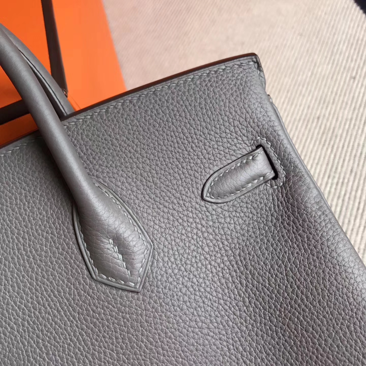 Cheap Hermes 8F Etain Grey Togo Leather Birkin Tote Bag25cm Gold Hardware