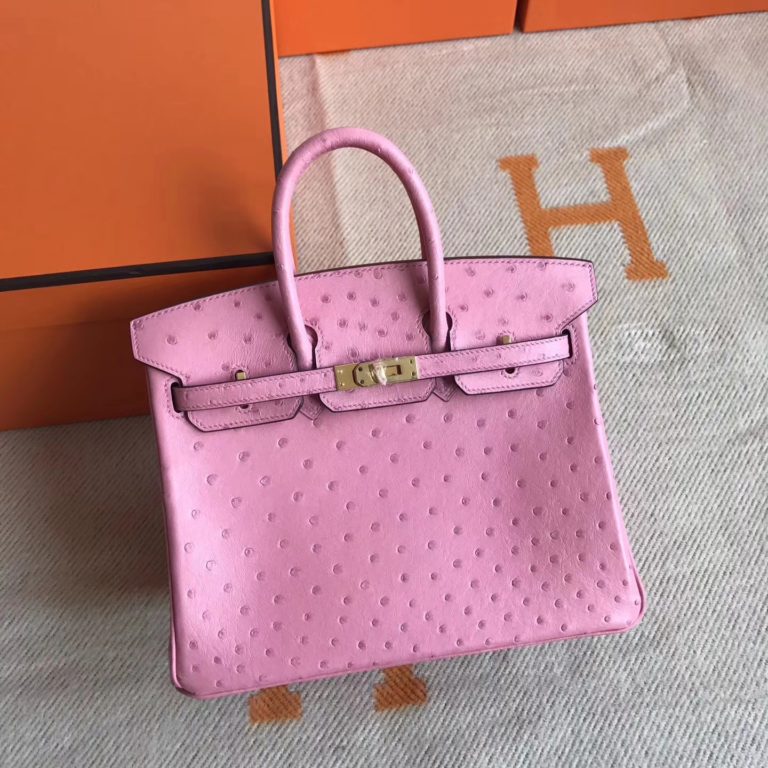 Hermes 1Q Rose Confetti Ostrich Leather Birkin 25cm Bag Gold Hardware