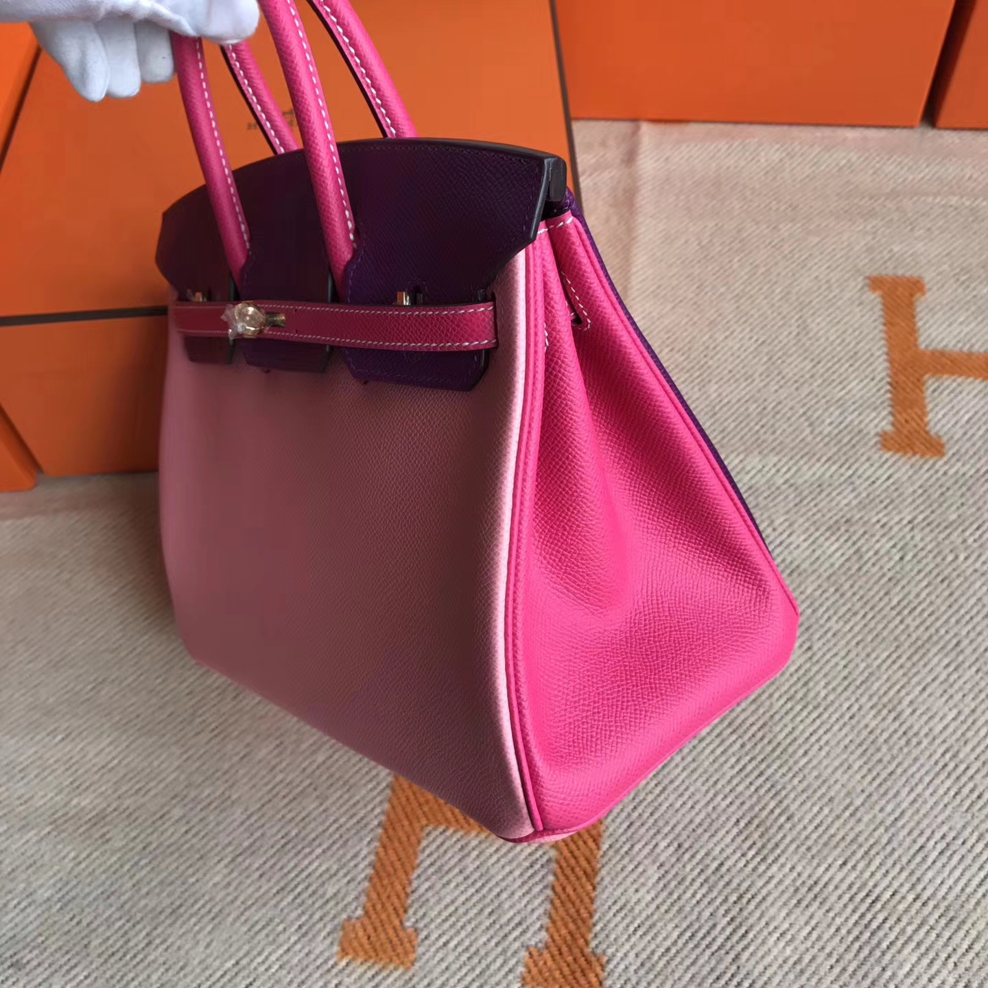 New Pretty Hermes Color-blocking Epsom Calfskin Birkin25cm Tote Bag