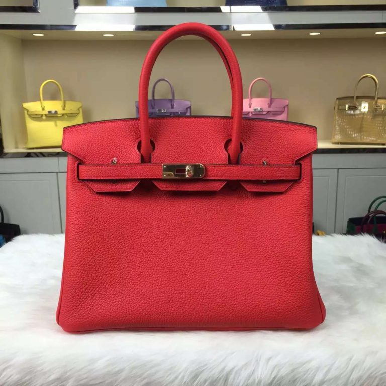 Hand Stitching Hermes Birkin 30 Togo Calfskin Leather in 2R Peony Red Handbag