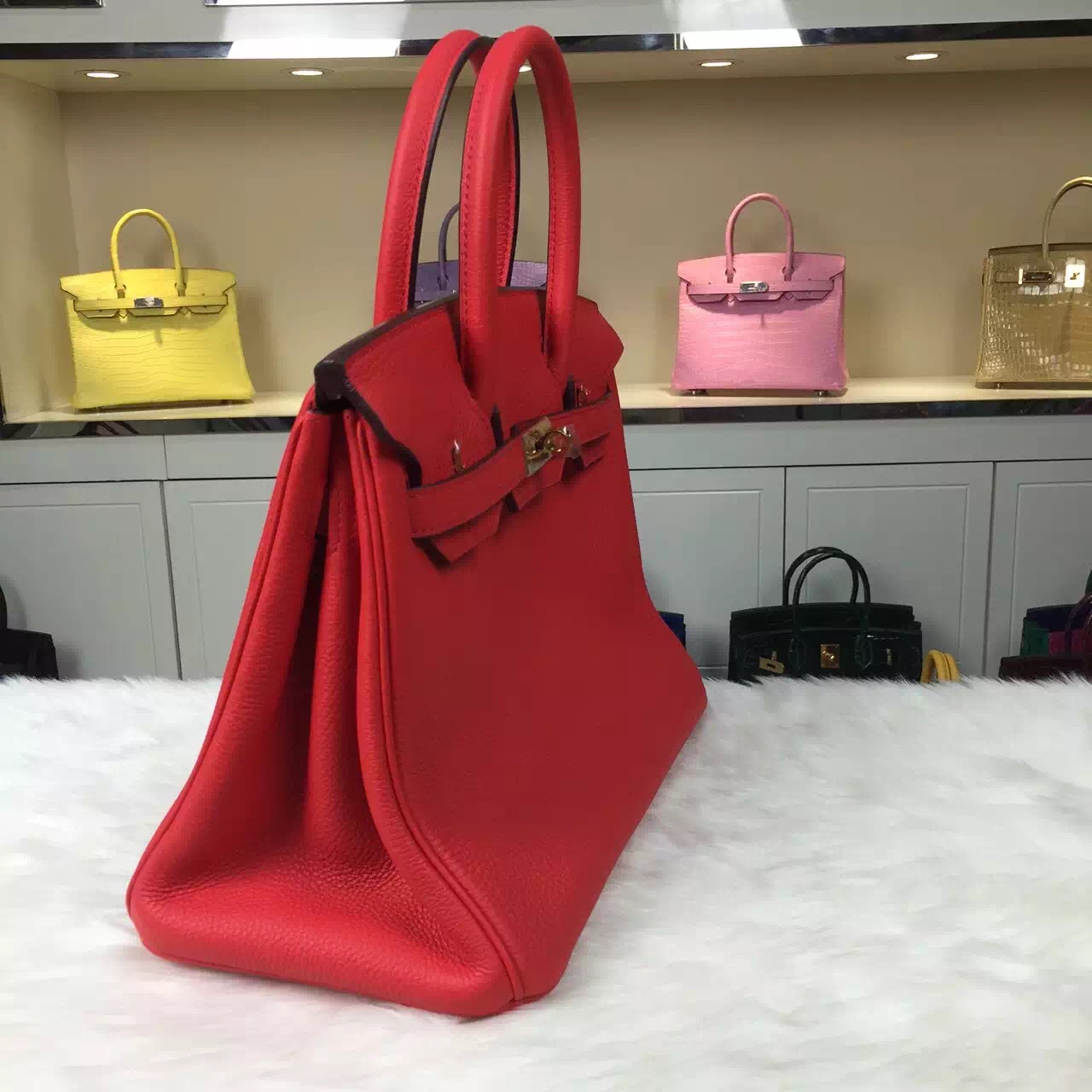 Hand Stitching Hermes Birkin30 Togo Calfskin Leather in 2R Peony Red Handbag