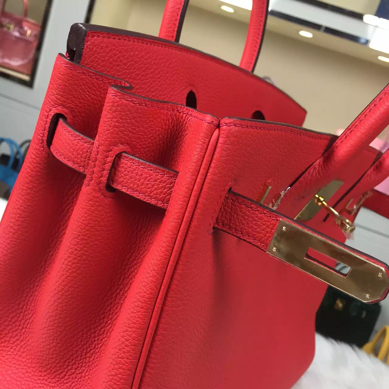 Hand Stitching Hermes Birkin30 Togo Calfskin Leather in 2R Peony Red Handbag