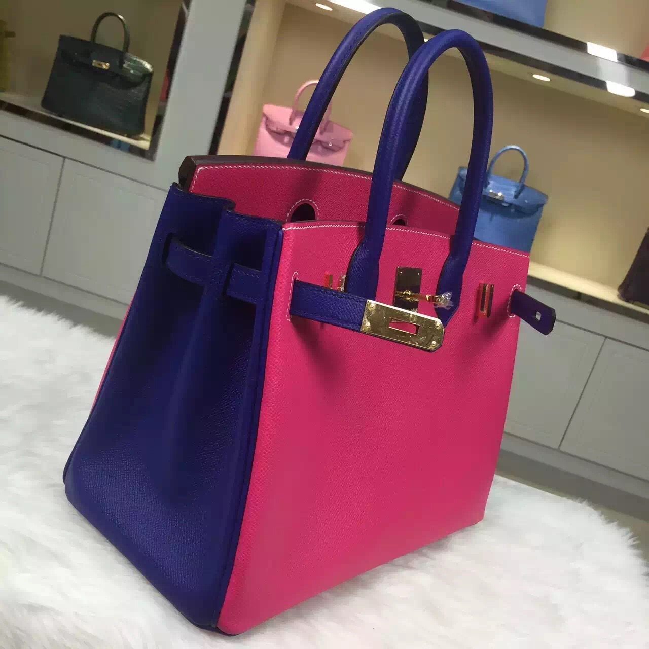 Discount Hermes E5 Candy Pink/7T Blue Electric Epsom Leather Birkin Bag 30CM