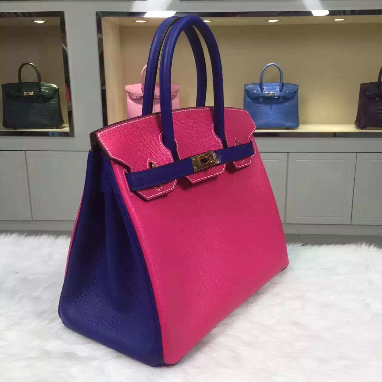 Discount Hermes E5 Candy Pink/7T Blue Electric Epsom Leather Birkin Bag 30CM