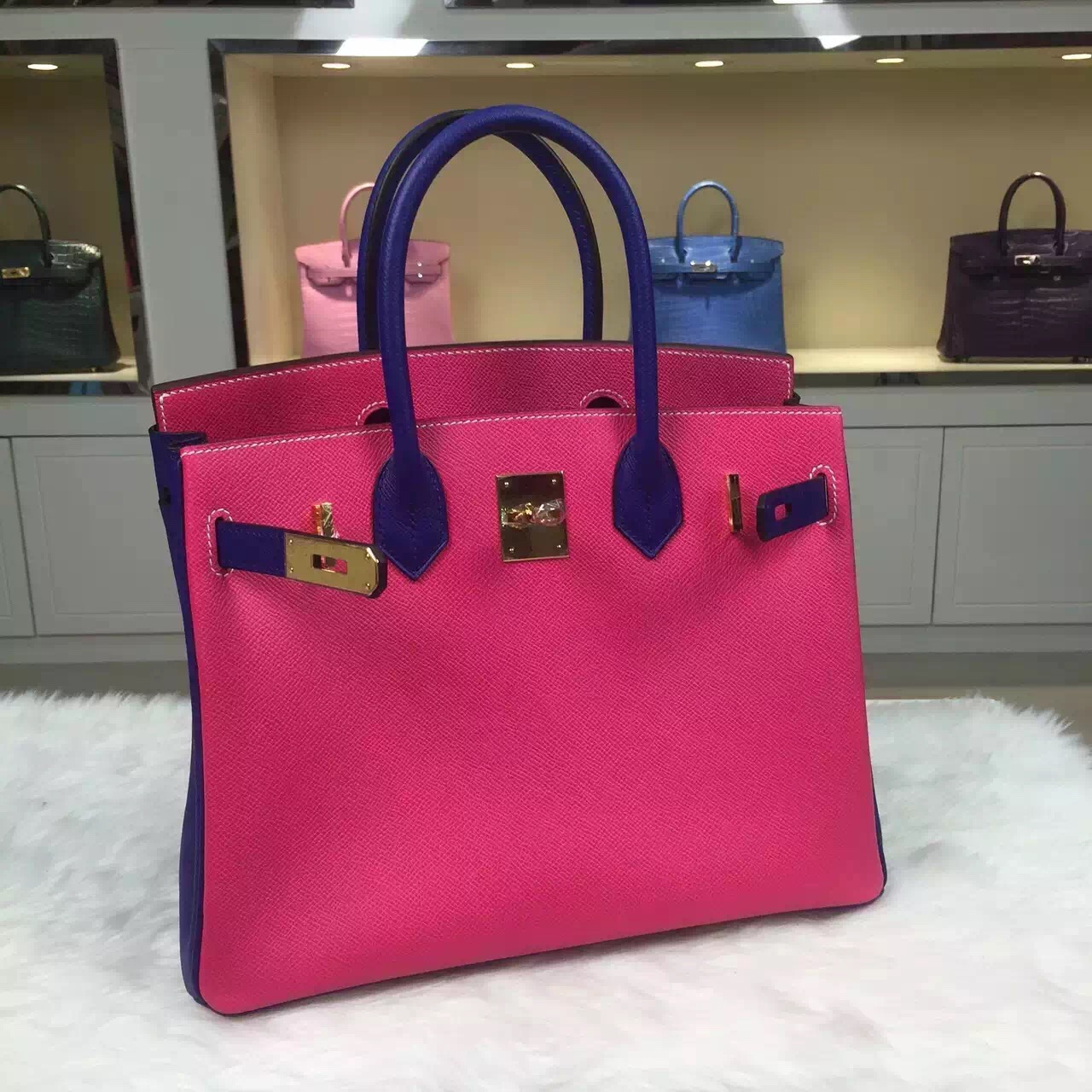 Discount Hermes E5 Candy Pink/7T Blue Electric Epsom Leather Birkin Bag 30CM