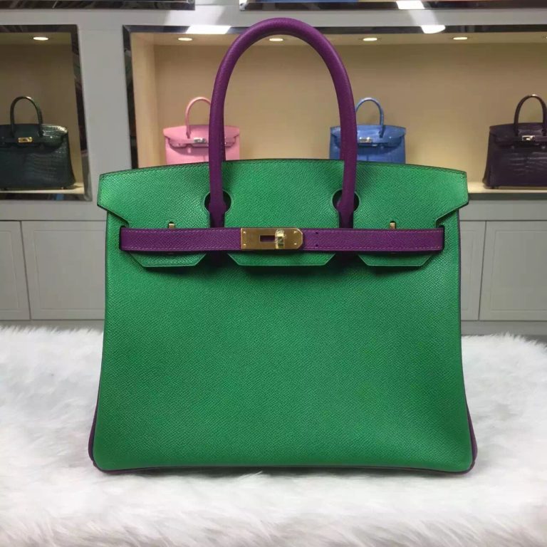 Hermes Epsom Leather Birkin Bag  30CM 1K Bamboo Green & P9 Anemone Purple