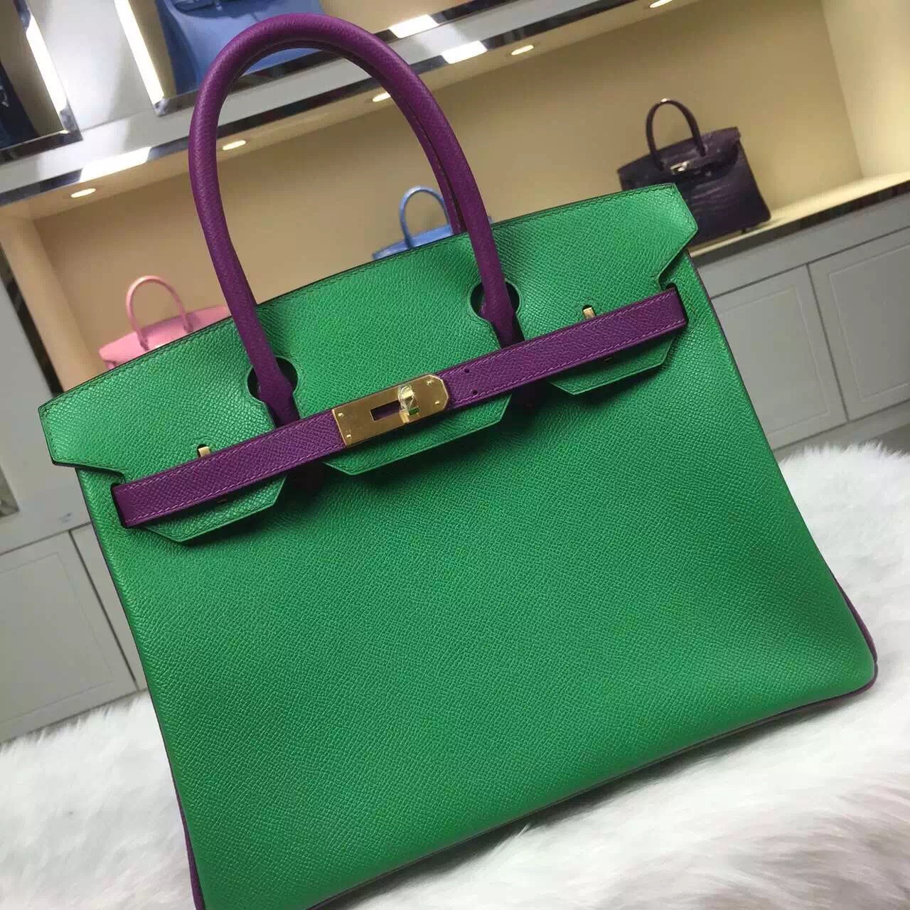 Wholesale Hermes Epsom Leather Birkin Bag 30CM 1K Bamboo Green &#038; P9 Anemone Purple