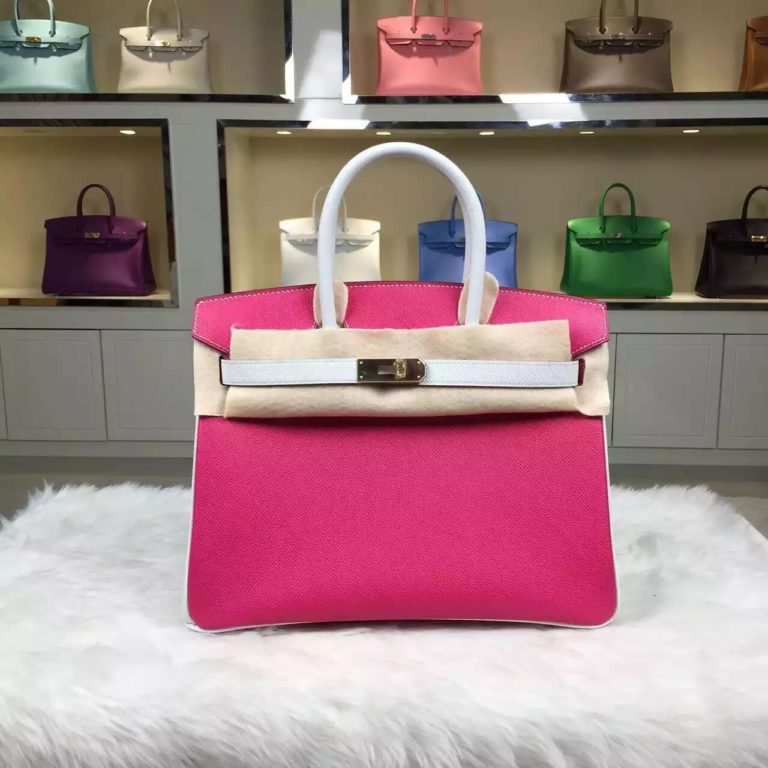 Hand Stitching Hermes Birkin Bag  30CM E5 Rose Tyrien & Pure White Epsom Leather