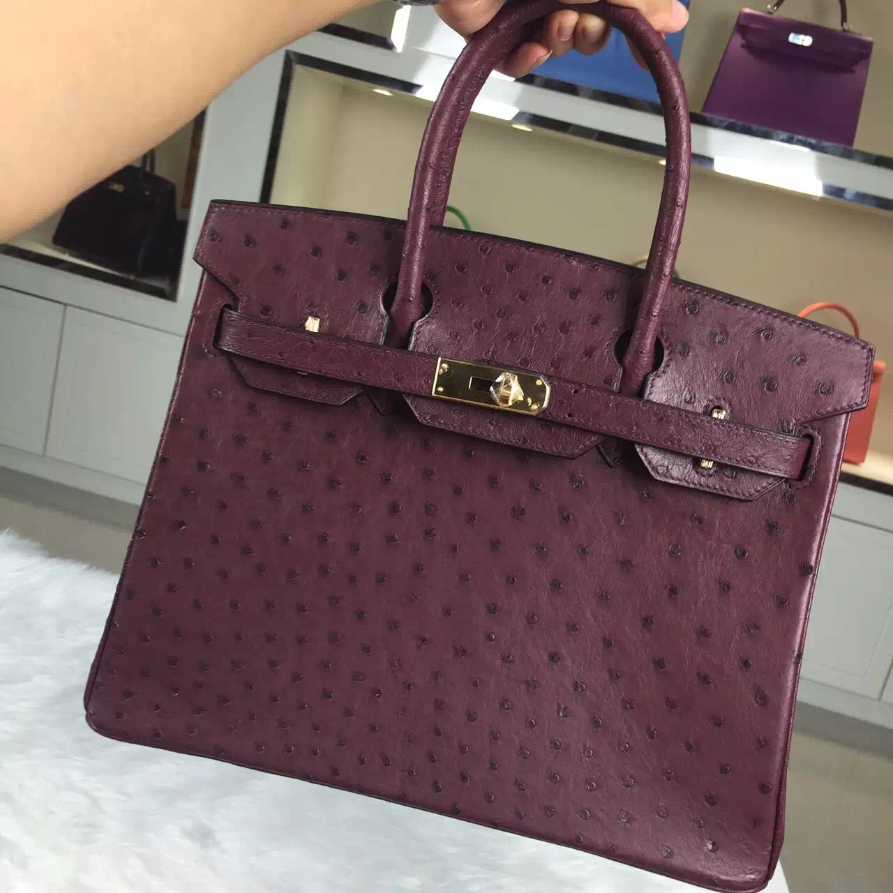 Hand Stitching Hermes Birkin30CM Bordeaux Red Ostrich Leather Women&#8217;s Top Handles