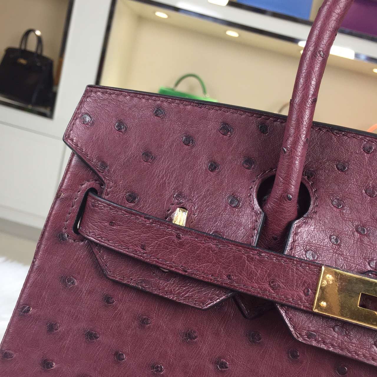 Hand Stitching Hermes Birkin30CM Bordeaux Red Ostrich Leather Women&#8217;s Top Handles