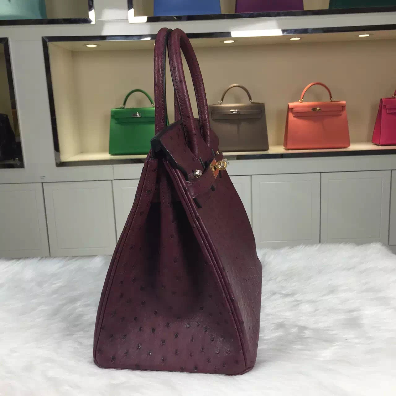 Hand Stitching Hermes Birkin30CM Bordeaux Red Ostrich Leather Women&#8217;s Top Handles