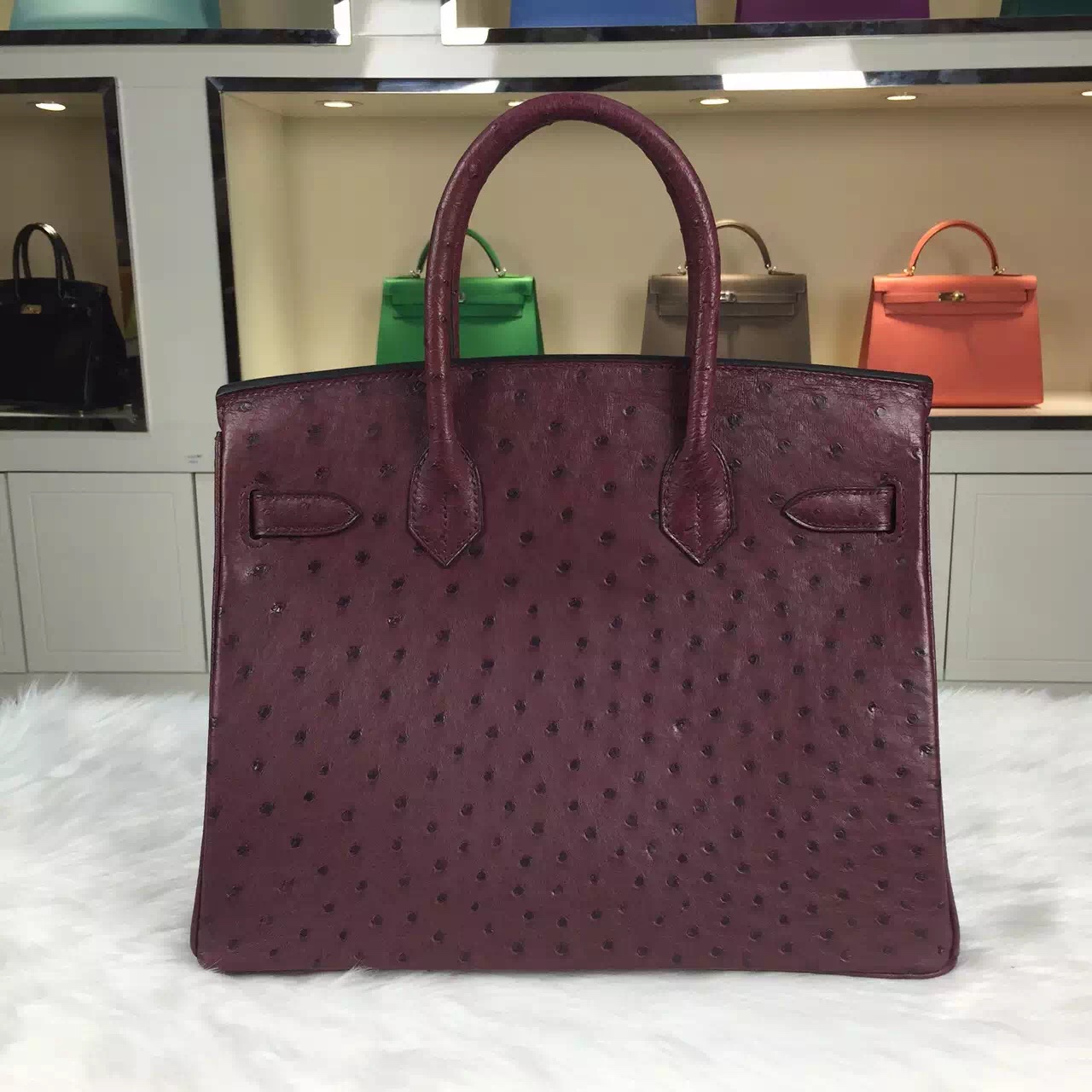 Hand Stitching Hermes Birkin30CM Bordeaux Red Ostrich Leather Women&#8217;s Top Handles