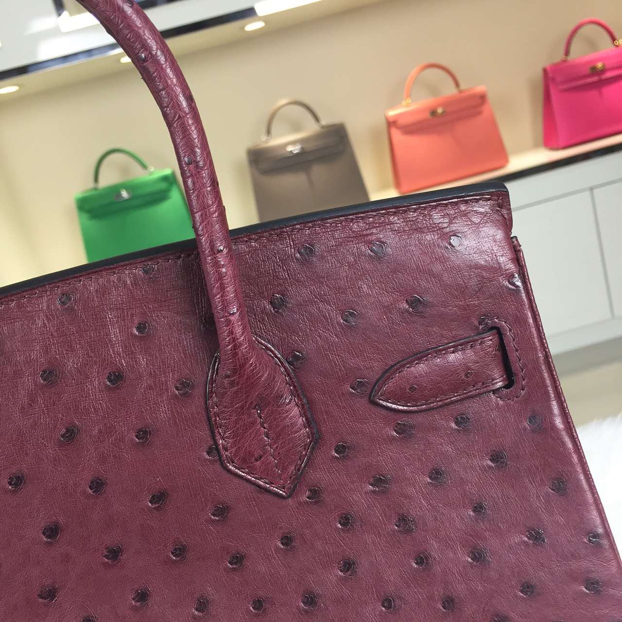 Hand Stitching Hermes Birkin30CM Bordeaux Red Ostrich Leather Women&#8217;s Top Handles