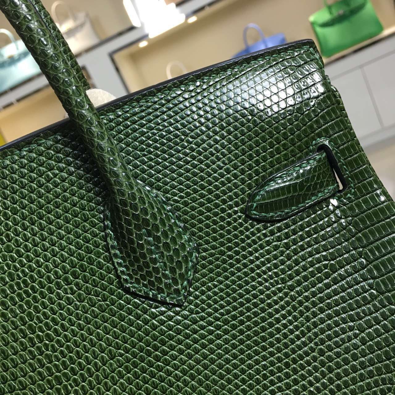 Hand Stitching Hermes Original Lizard Skin Birkin Bag 30CM in Dark Green