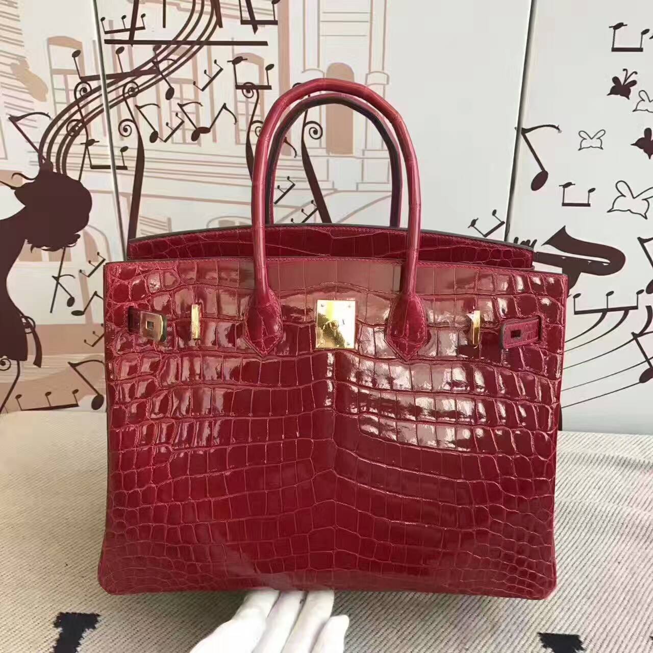 Discount Hermes  CK55 Rouge Hermes Crocodile Shiny Leather Birkin 35cm Bag