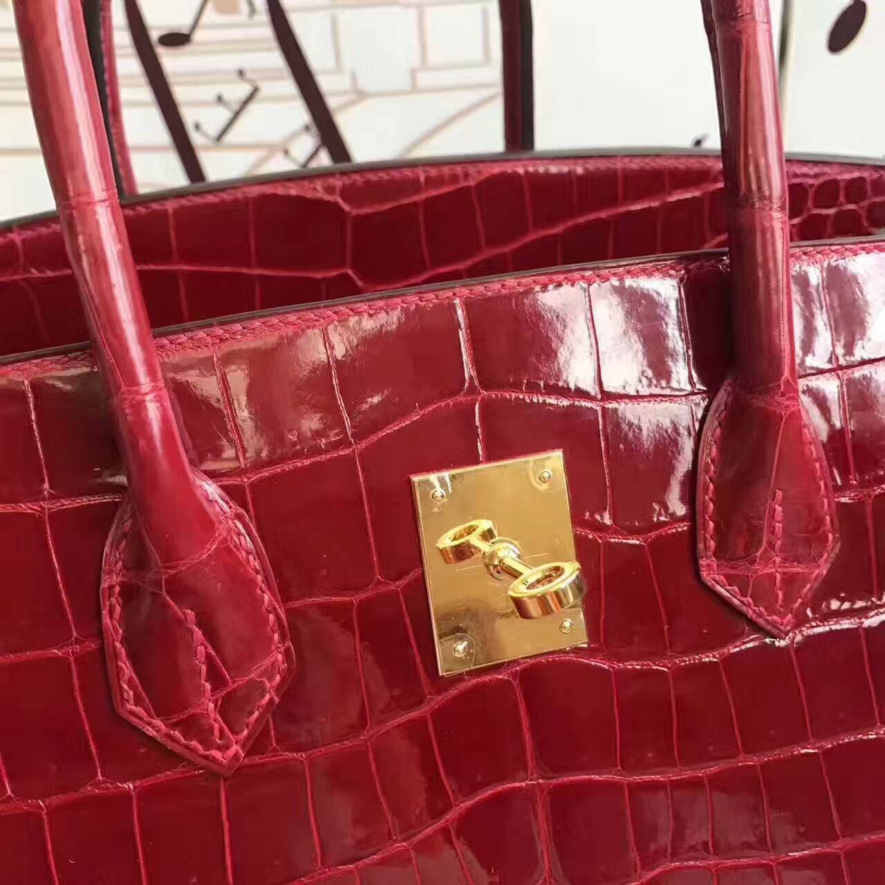 Discount Hermes  CK55 Rouge Hermes Crocodile Shiny Leather Birkin 35cm Bag