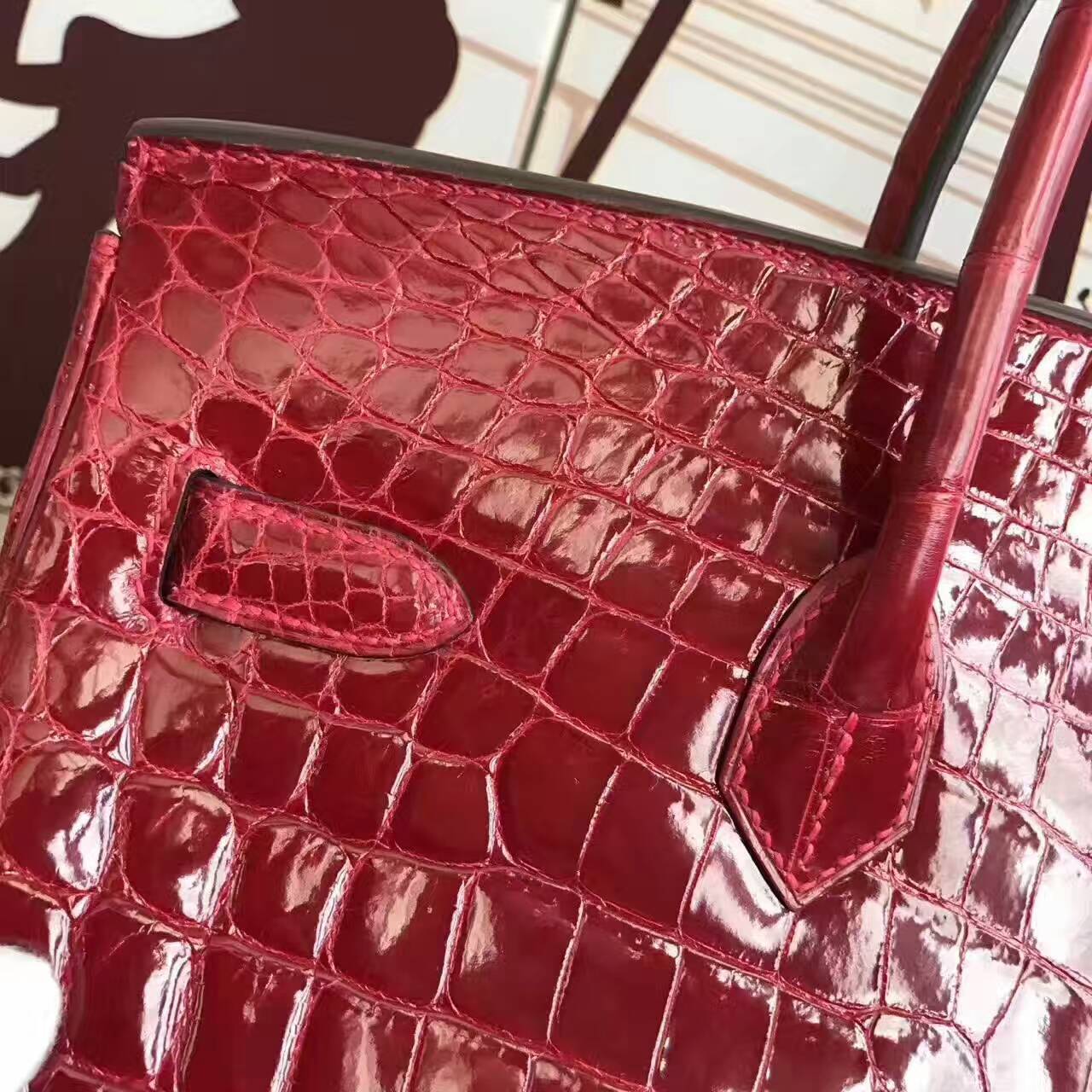 Discount Hermes  CK55 Rouge Hermes Crocodile Shiny Leather Birkin 35cm Bag
