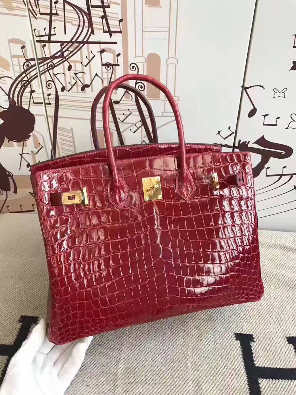 Discount Hermes  CK55 Rouge Hermes Crocodile Shiny Leather Birkin 35cm Bag