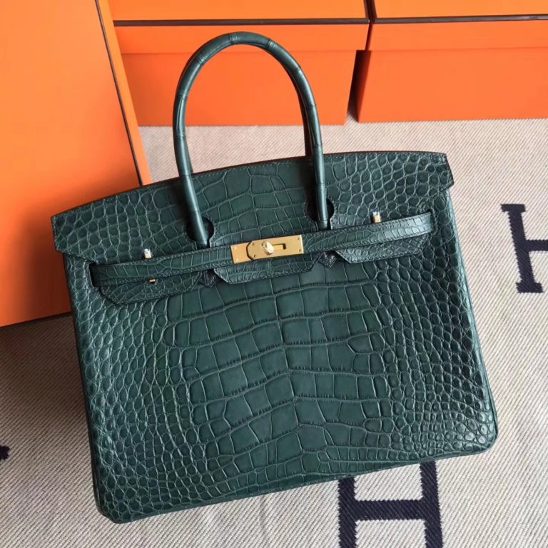 Hermes Vert Tipien Crocodile Matt Birkin 35cm Handbag Gold Hardware