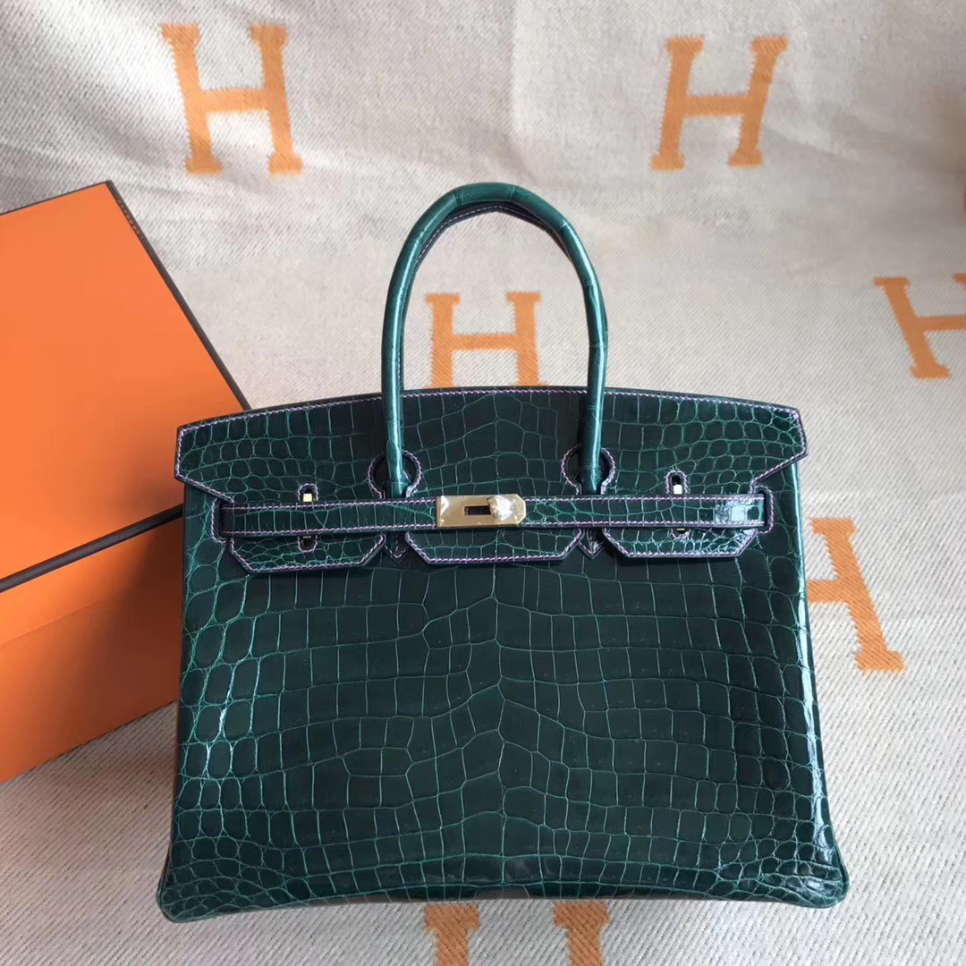 Luxury Hermes CK67 Vert Fonce &#038; Candy Pink Crocodile Shiny Birkin35CM Bag