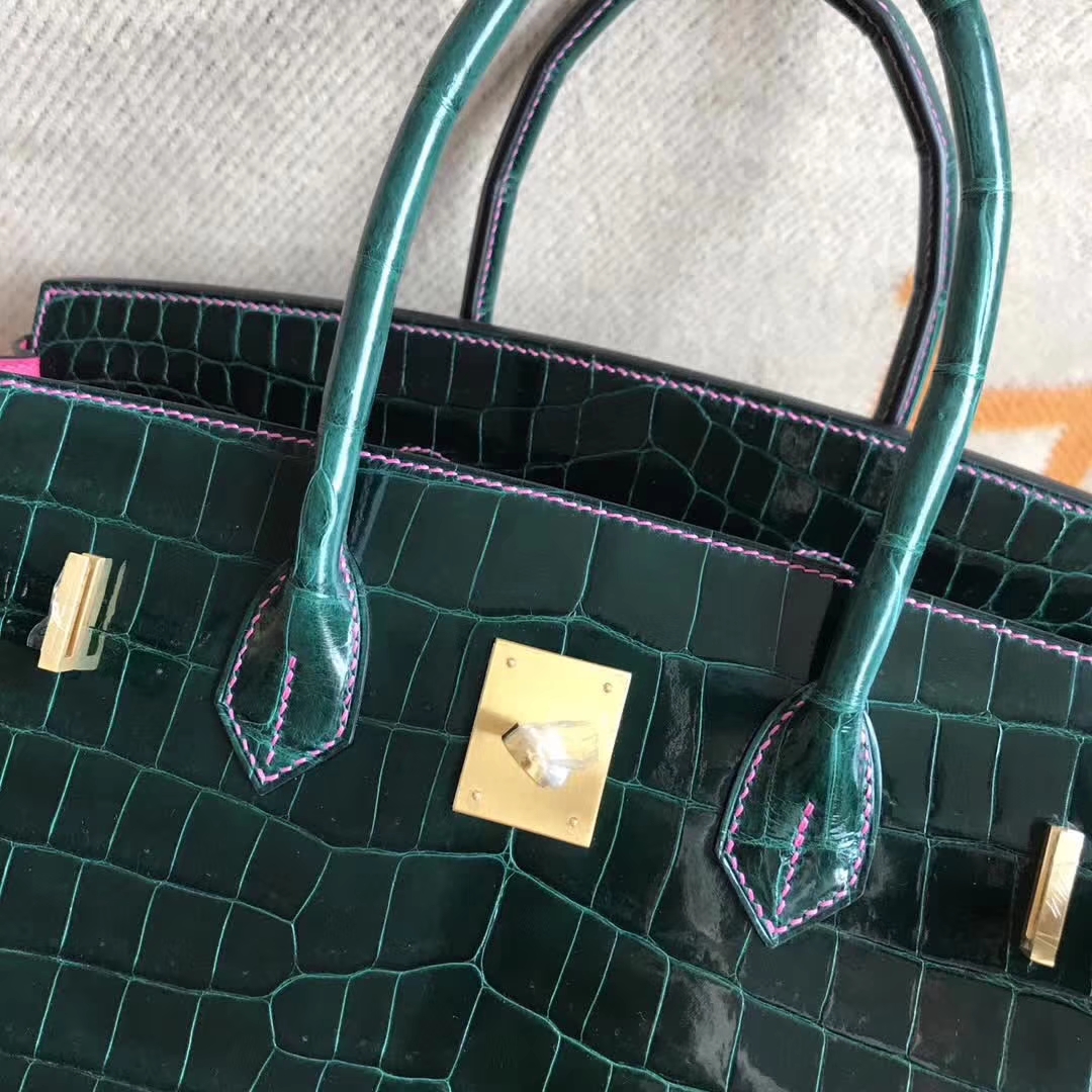 Luxury Hermes CK67 Vert Fonce &#038; Candy Pink Crocodile Shiny Birkin35CM Bag