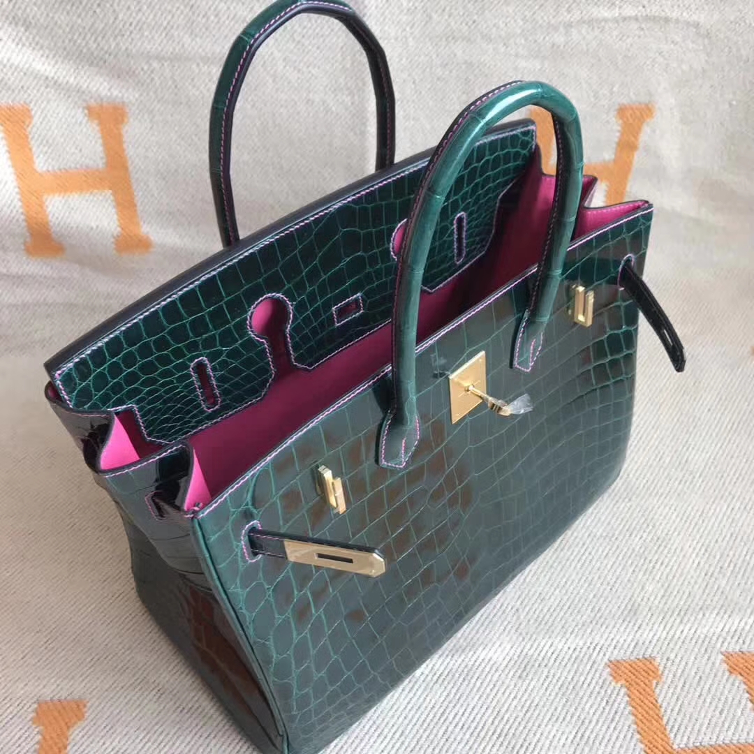 Luxury Hermes CK67 Vert Fonce &#038; Candy Pink Crocodile Shiny Birkin35CM Bag